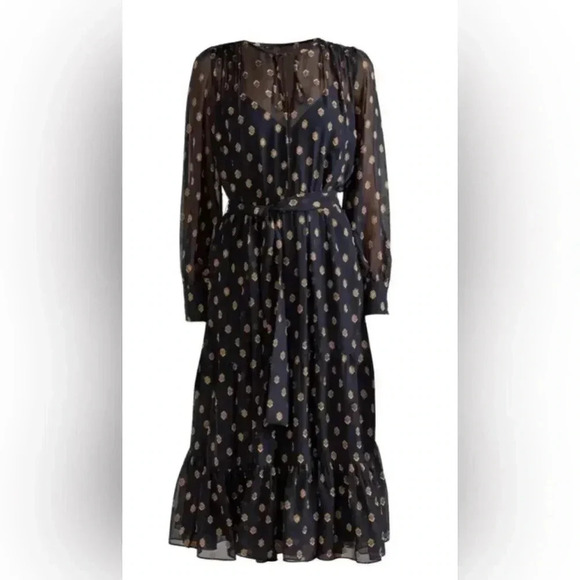 Shoshanna Benson Tiered Long Sleeve Sheer Metallic Chiffon Midi Dress Jet/Bronze - Picture 4 of 12